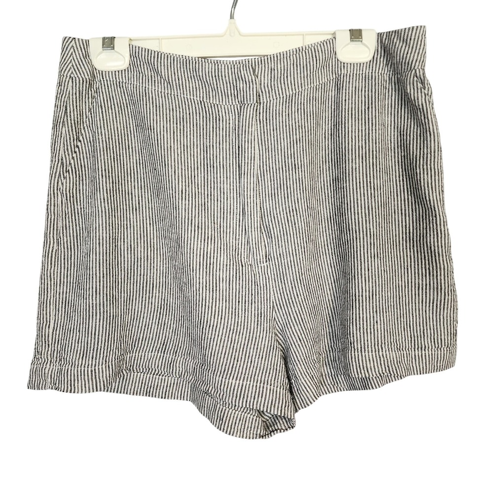 VERSONA Size 12 Linen Blend Flat Front Black Coastal Stripe Preppy Shorts Travel